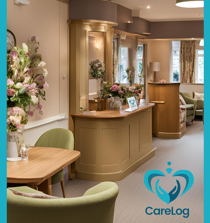 Care home reception area with care log screen